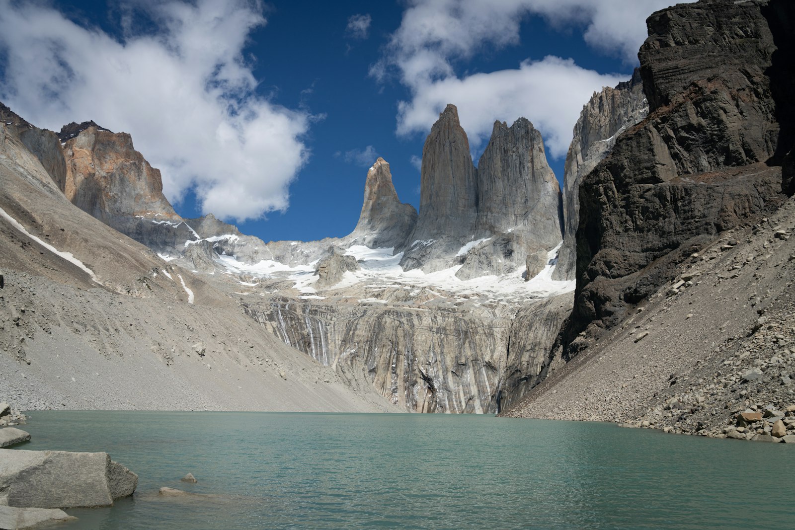 The granite towers of Torres del Paine above a glacial lake